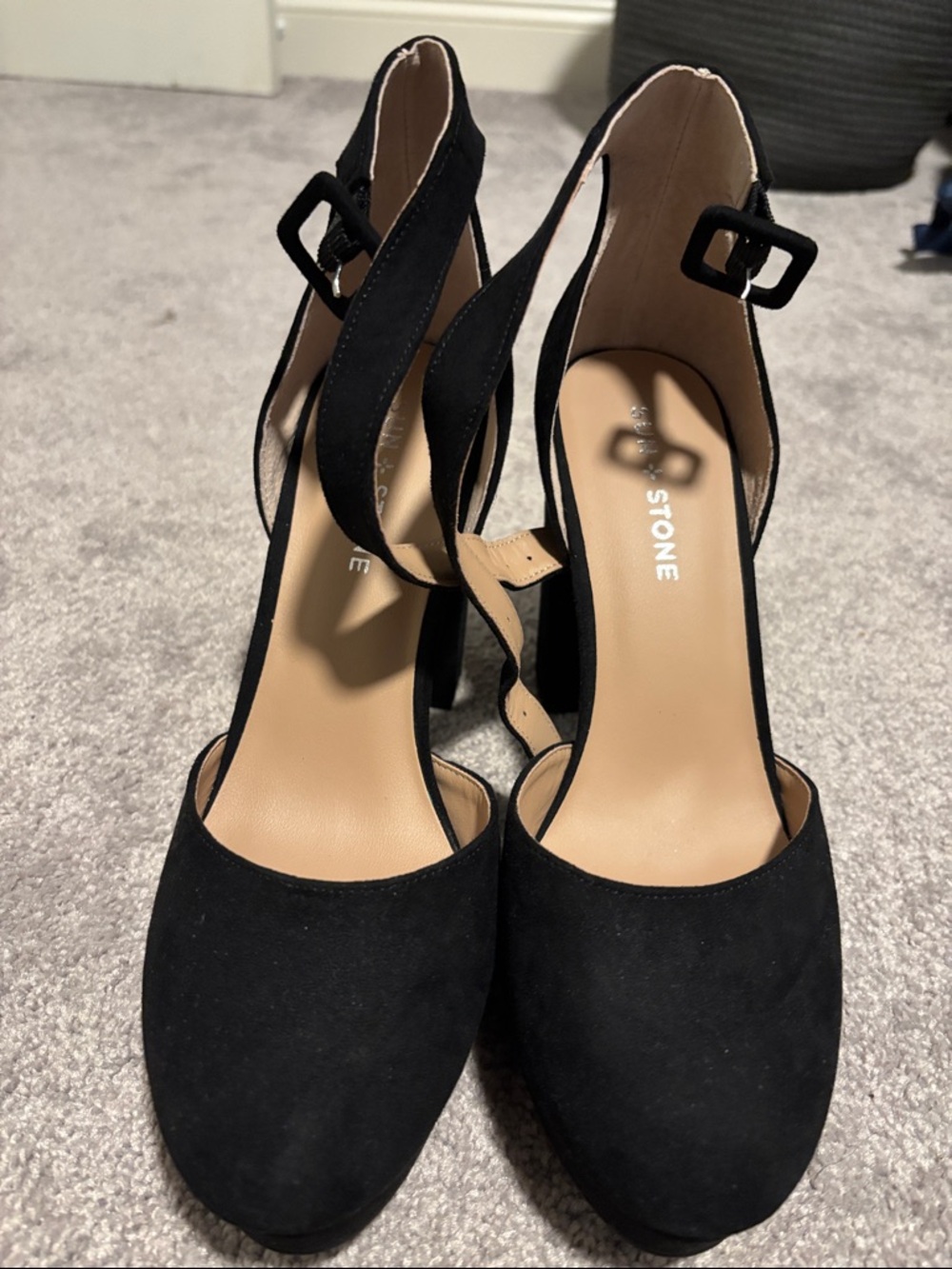 Sun + Stone Black Suede Ankle-Strap Heels